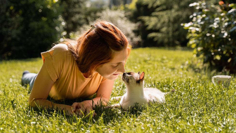 can humans get tapeworms from cats; a pet parent sits with their cat on the grass.